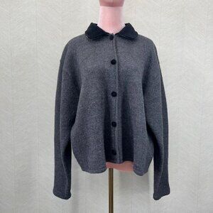 Herman Geist Vintage Womens Dark Gray 100% Wool Button up Sweater with Black Vel